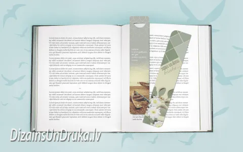 Open book with text and two design bookmarks on a light blue background