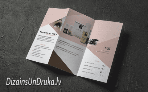 Open tri-fold brochure with eyelash and eyebrow service descriptions and prices