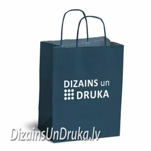 Темно-синий бумажный пакет с витыми ручками и логотипом Dizains un Druka