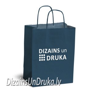 Tumši zils papīra maisiņš ar vītiem rokturiem un Dizains un Druka logo