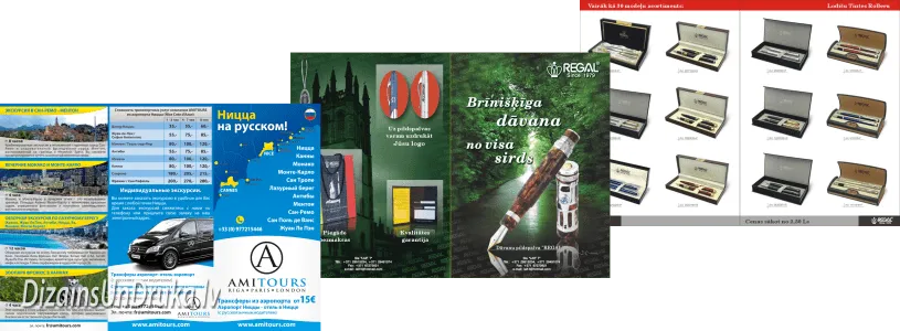Brochure production samples: travel guide, advertising brochure and product catalog
