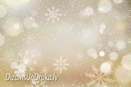 Golden festive background with snowflakes, sparkle and DizainsUnDruka.lv text