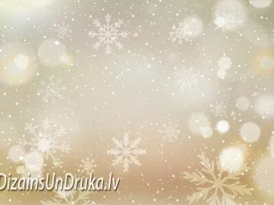 Zelta toņu svētku fons ar sniegpārslām, mirdzumu un DizainsUnDruka.lv uzrakstu