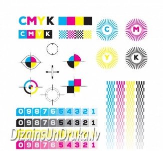 CMYK krāsu skalas un reģistrācijas zīmes projektu sagatavošanai drukai