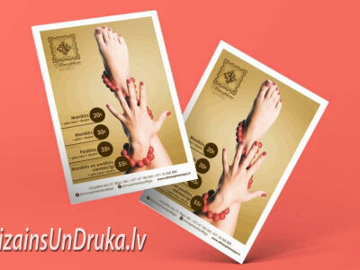 Skrejlapu drukāšana skaistumkopšanas salonam ar zelta dizainu un manikīra cenrādi