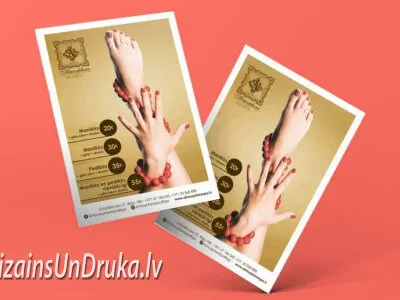 Skrejlapu drukāšana skaistumkopšanas salonam ar zelta dizainu un manikīra cenrādi