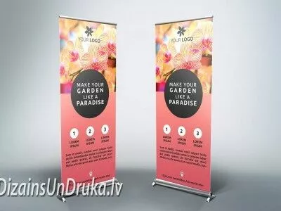Divi reklāmas roll-up baneri ar ziedu dizainu kā lielformāta drukas piemērs