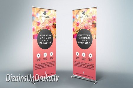 Divi reklāmas roll-up baneri ar ziedu dizainu kā lielformāta drukas piemērs