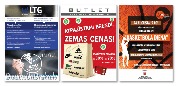 Three poster printing samples: LTG, Outlet and Basketball Day posters