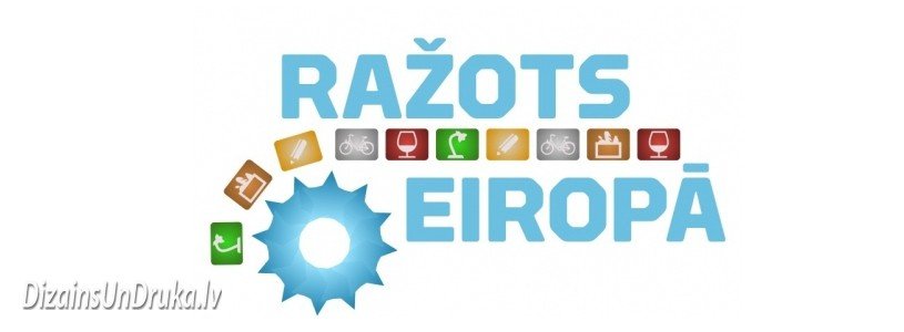 Raidījuma Ražots Eiropā logotips ar zobratu, ikonām un Dizains un Druka uzrakstu