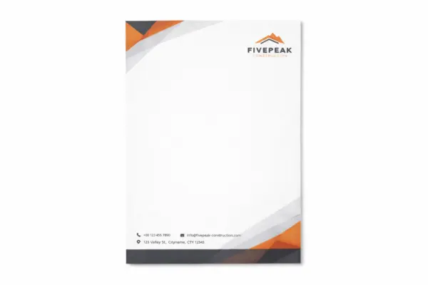 Fivepeak Construction firmas veidlapa ar logotipu un ģeometrisku dizainu