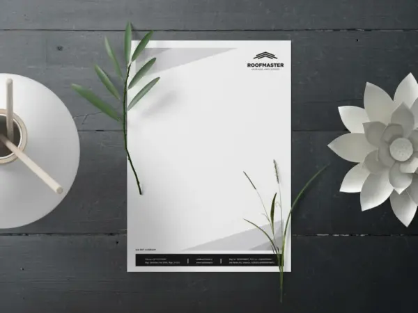 Uzņēmuma veidlapas drukas paraugs ar Roofmaster logotipu un rekvizītiem