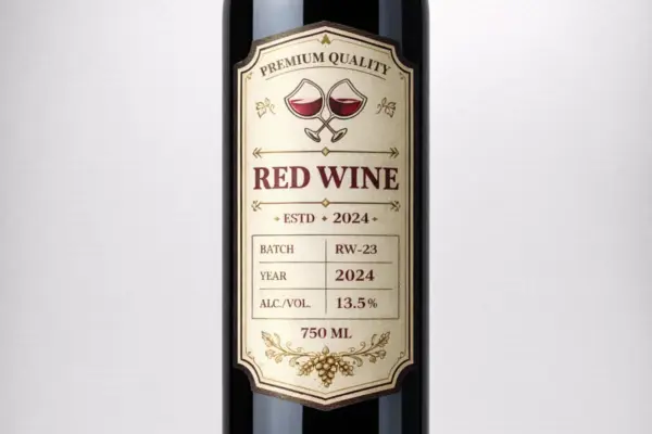 Custom bottle label printing for red wine bottle with gold foil and wine glass illustration