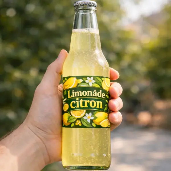 Glass bottle with lemon lemonade label in hand – custom bottle label printing sample