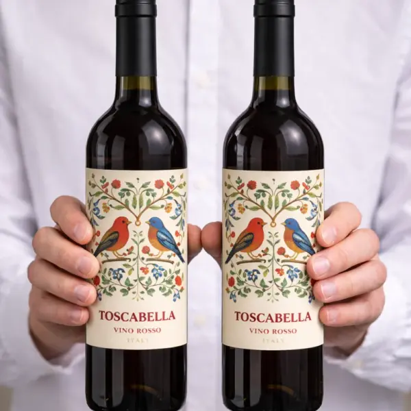 Custom bottle labels for Toscabella wine with bird and floral illustrations