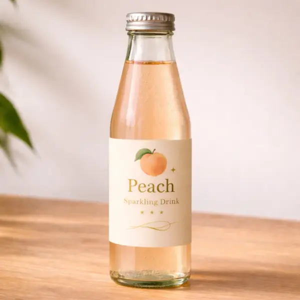 Glass bottle with peach drink label, a custom bottle label printing sample