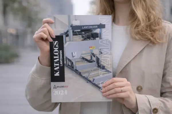 Женщина держит каталог Lantzmann, демонстрирующий изготовление и печать брошюр