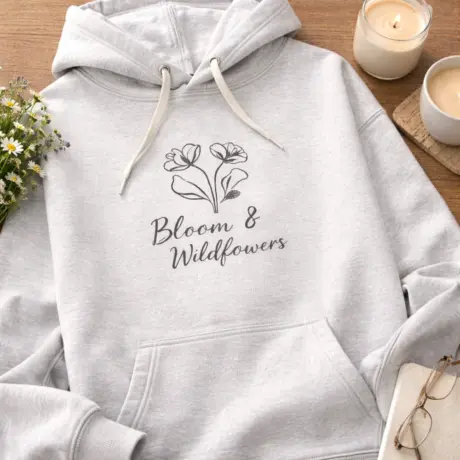 Light gray custom hoodie with floral print and Bloom & Wildflowers text