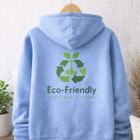 Light blue custom hoodie with green Eco-Friendly logo and text printed on the back