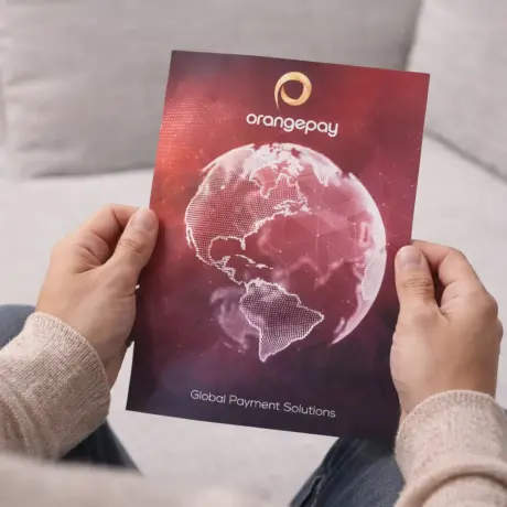 Custom leaflet printing sample with Orangepay design and globe image