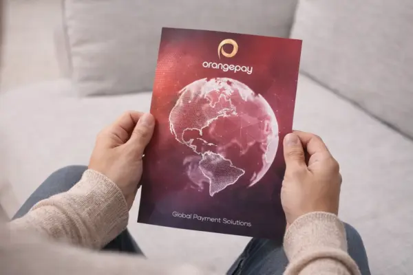 Custom leaflet printing sample with Orangepay design and globe image
