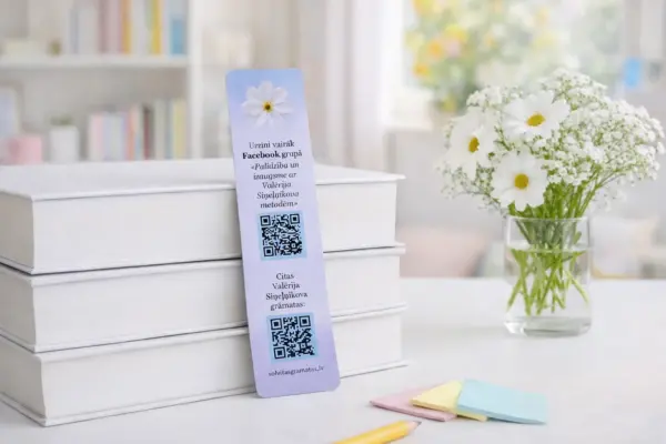 Образец для изготовления и печати закладок с QR-кодами и цветочным дизайном у стопки белых книг