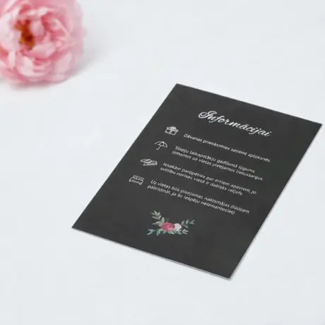 Black wedding invitation information card with white print and icons, custom invitation printing