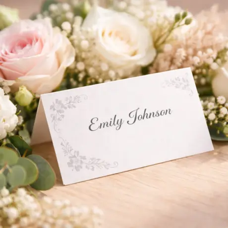 Custom place card printing with the name Emily Johnson and floral arrangement