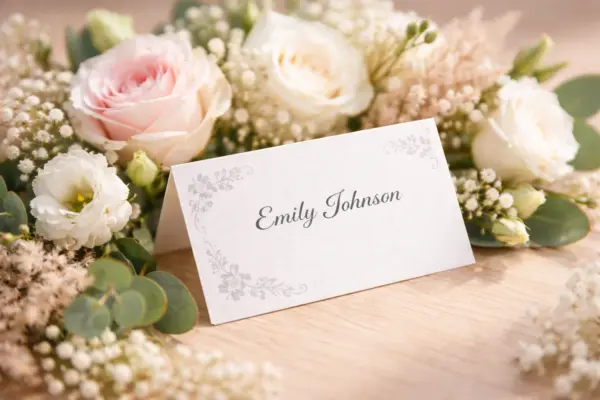 Custom place card printing with the name Emily Johnson and floral arrangement