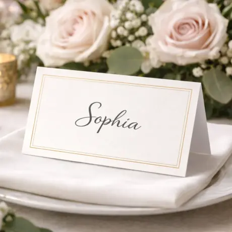Custom place card printing with the name Sophia and a gold border on a festive table