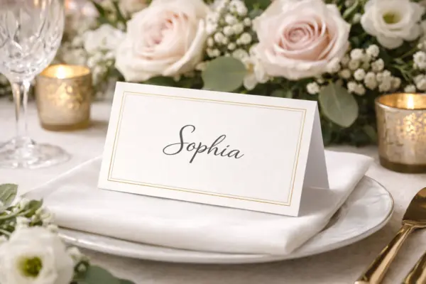 Custom place card printing with the name Sophia and a gold border on a festive table