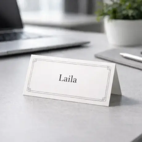 White custom place card with the name Laila, custom place card printing example