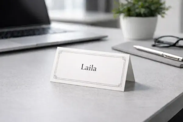 White custom place card with the name Laila, custom place card printing example