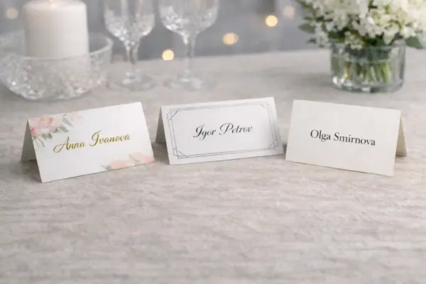 Custom place card printing samples with different designs for a festive table