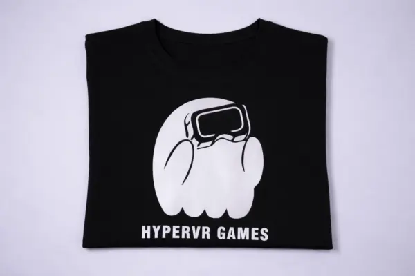 Black custom t-shirt with white HYPERVR GAMES logo and ghost in VR goggles