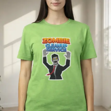 Light green custom t-shirt with Zombie Cleanup Service print and zombie graphic