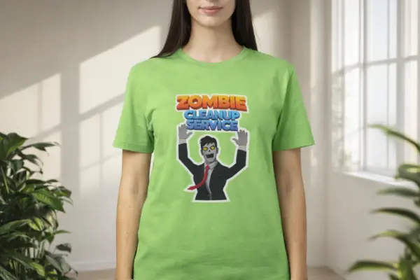Light green custom t-shirt with Zombie Cleanup Service print and zombie graphic
