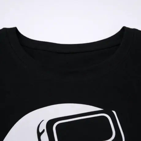 Close-up of a black custom t-shirt with print and a round neckline