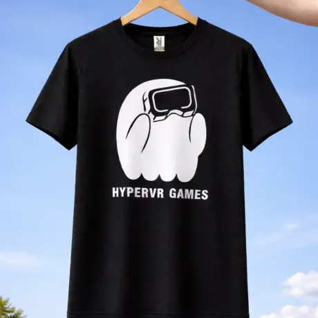 Black custom t-shirt with HyperVR Games print and VR headset character on a hanger