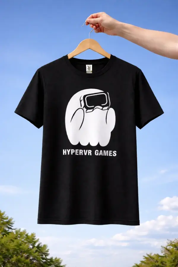 Black custom t-shirt with HyperVR Games print and VR headset character on a hanger