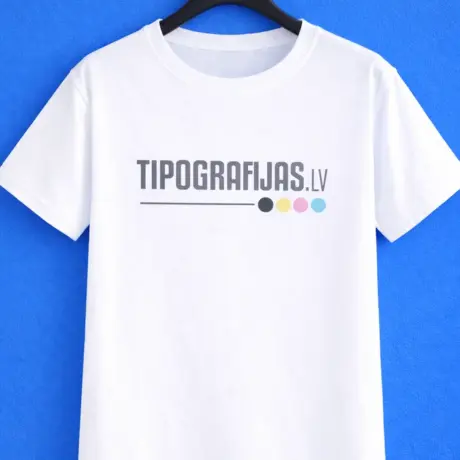 White custom t-shirt with print and Tipografijas.lv logo on a hanger