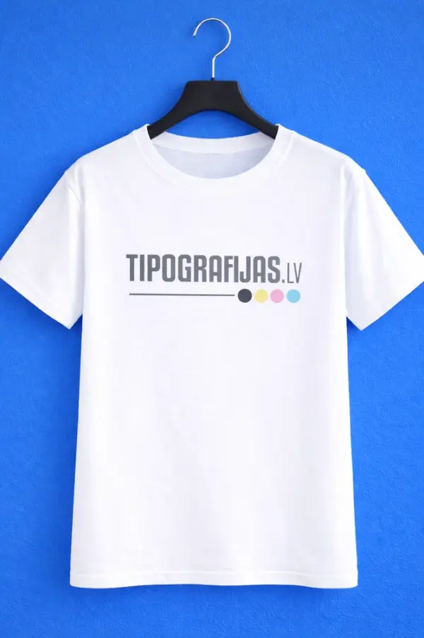 White custom t-shirt with print and Tipografijas.lv logo on a hanger