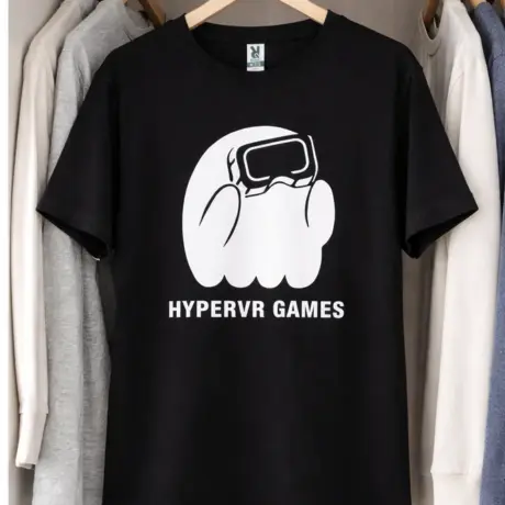 Black custom t-shirt with HYPERVR GAMES print and character wearing VR goggles