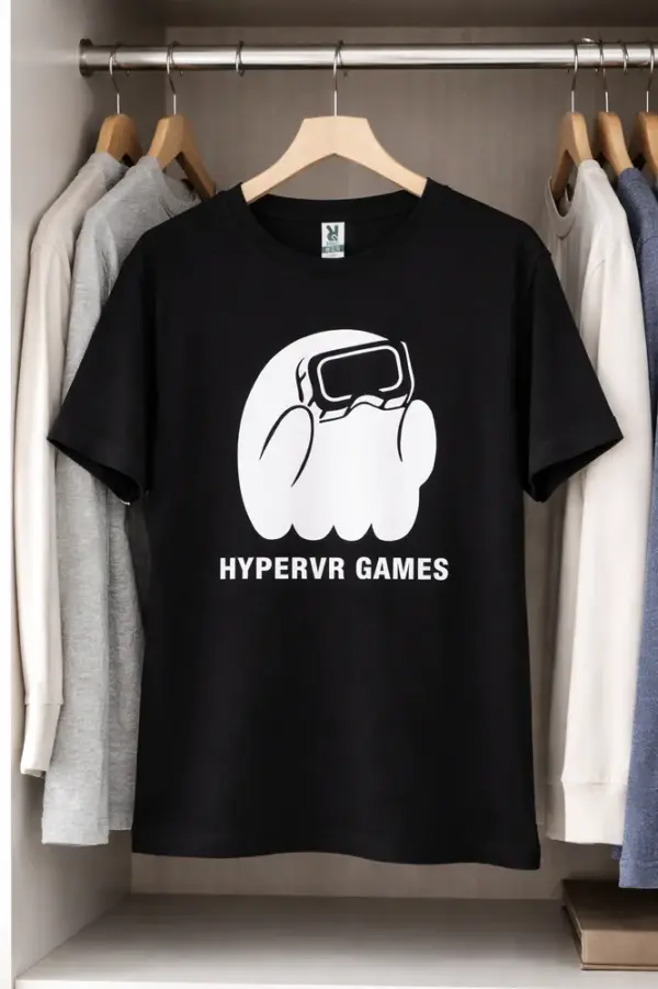 Black custom t-shirt with HYPERVR GAMES print and character wearing VR goggles