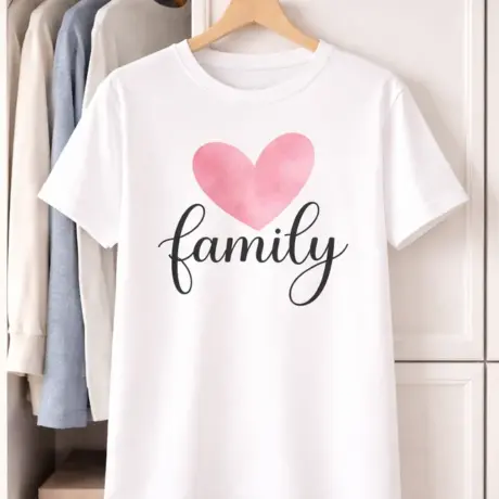 White custom T-shirt with print, pink heart and the word family