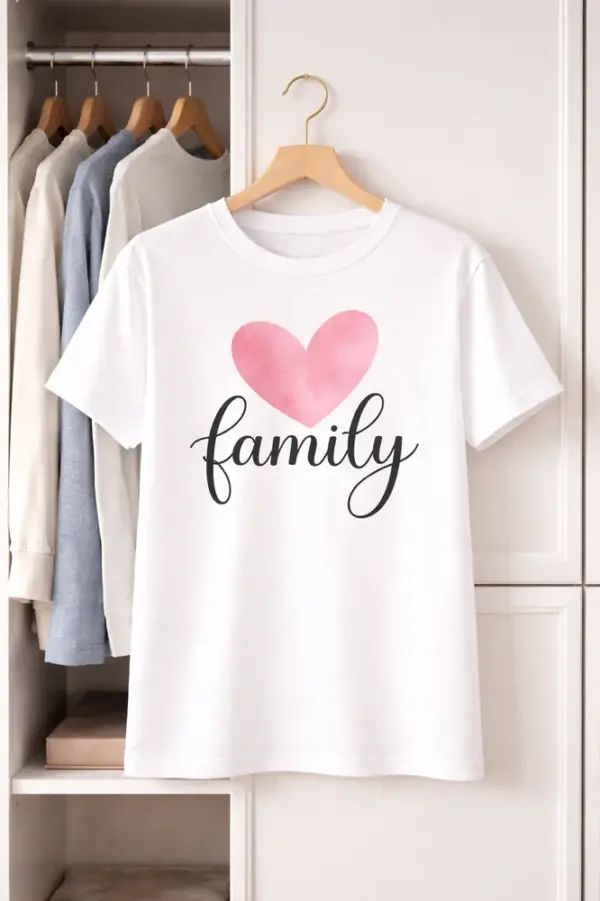 White custom T-shirt with print, pink heart and the word family