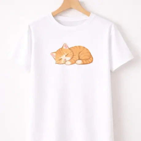 White custom t-shirt with print of a sleeping orange cat