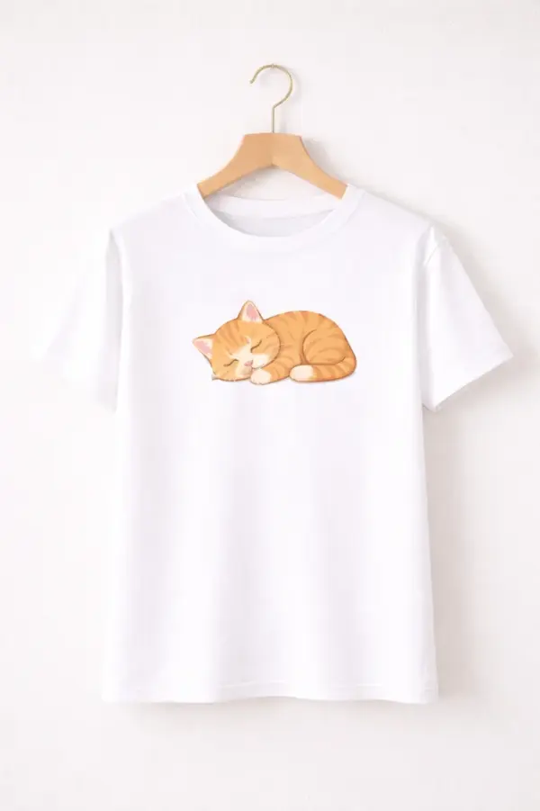 White custom t-shirt with print of a sleeping orange cat