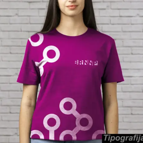 Purple custom t-shirt with white geometric circles and logo print
