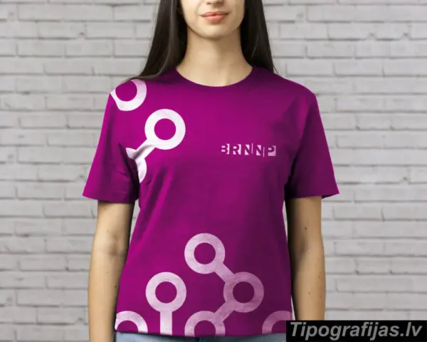 Purple custom t-shirt with white geometric circles and logo print